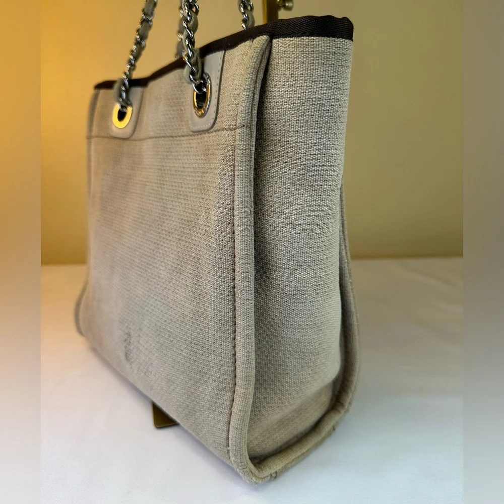 CHANEL CC Deauville Tan Canvas Small Tote SHW White Lettering COA - Picture 10 of 16